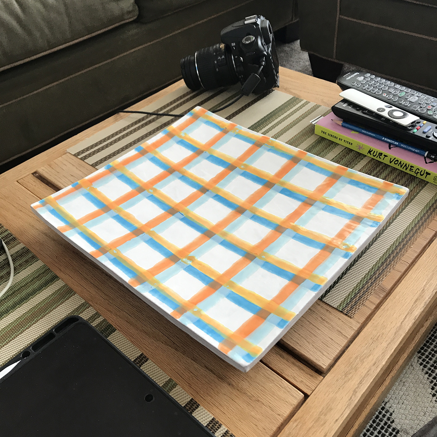 Four Color Grid Majolica Platter, in situ
