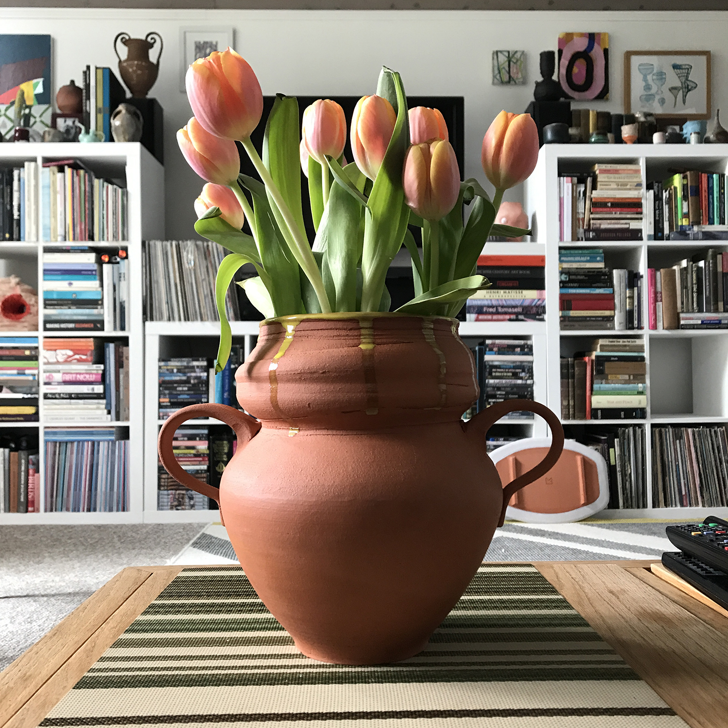 Yellow Lined Terra Cotta Vase, 2019, 9.5 × 7 × 10 inches