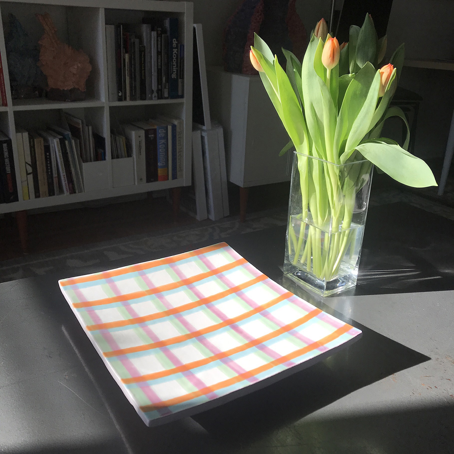 Four Color Grid Majolica Platter, 2019, terra cotta, 14 × 11.5 inches