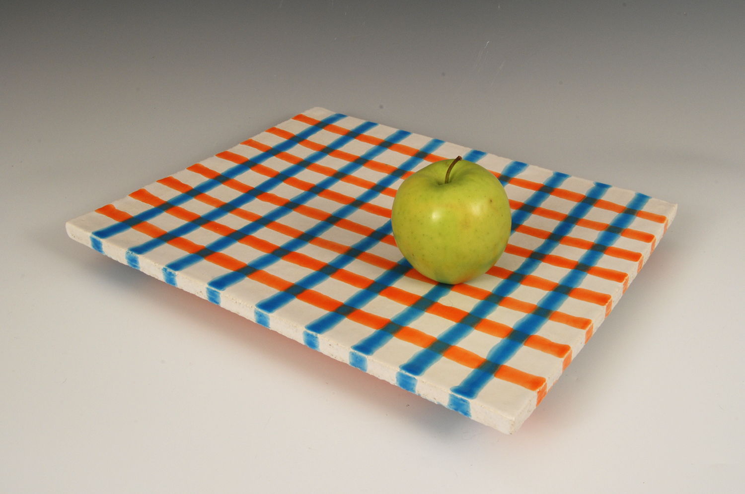 Two Color Grid Majolica Platter, 2019, terra cotta, 14 × 11.5 inches