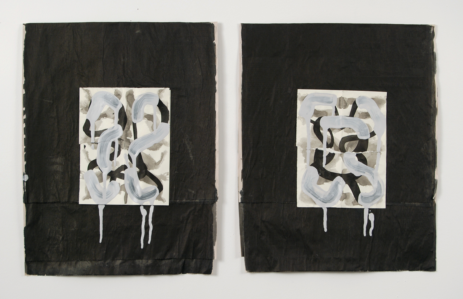 New York Times Aufhocker (diptych) p1721 and p1722, 2018, ink, acrylic, and collage on newsprint, 15.25 × 12 inches each