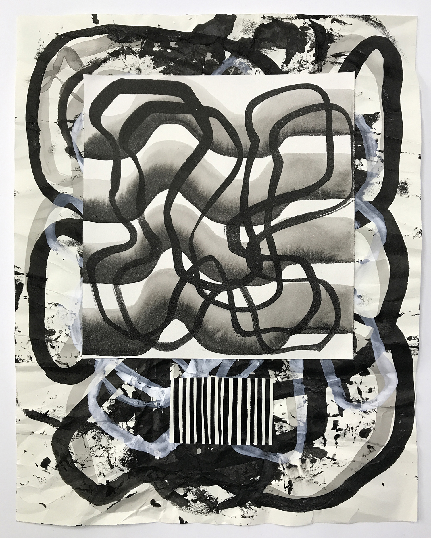 Aufhocker p1803, 2018, ink, gesso, and collage on paper, 14 × 11 inches
