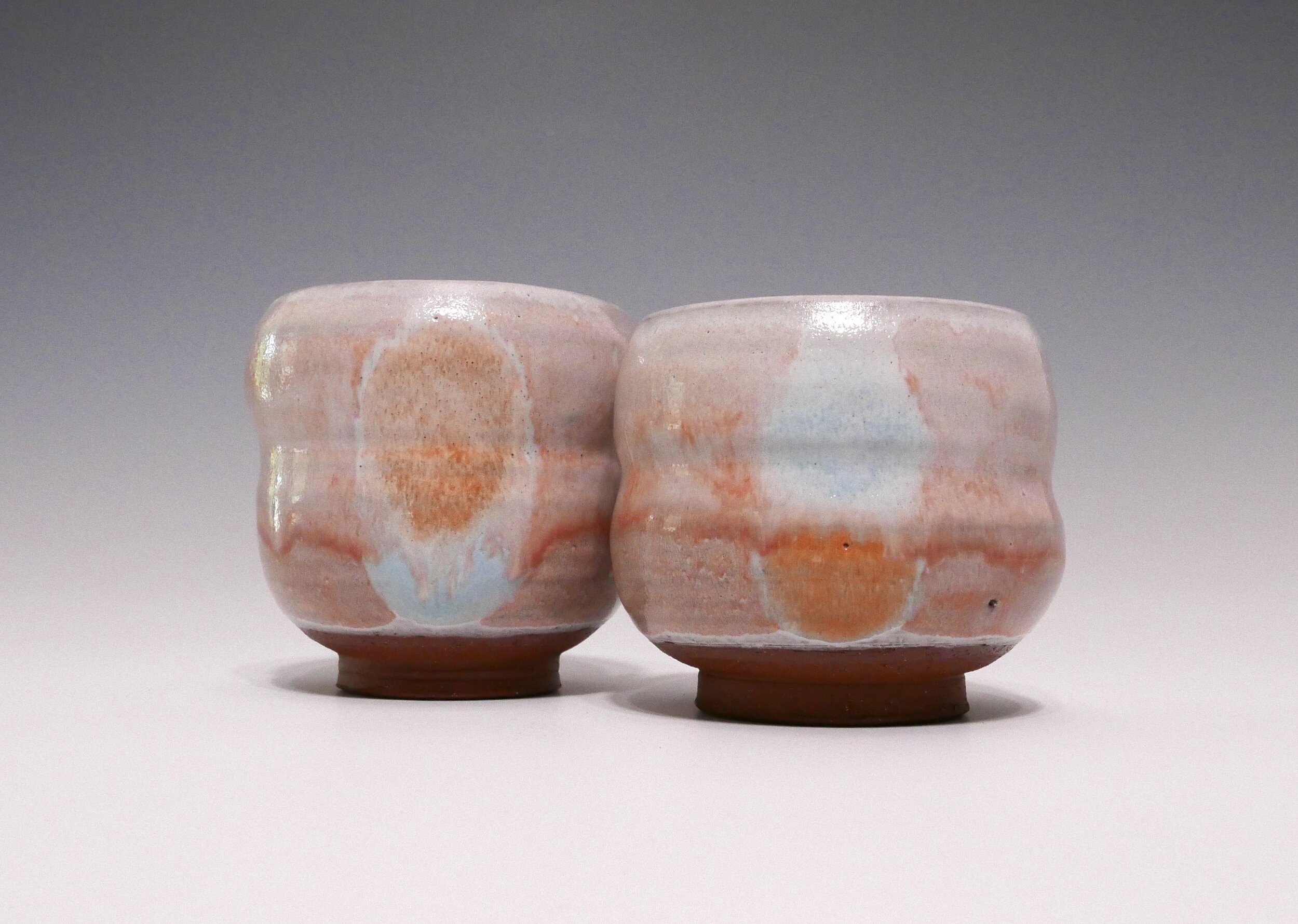 Sun and Moon Majolica Meoto Yunomi Set, glazed terra cotta, approximately 3.5 × 3.25 × 3.25 inches each