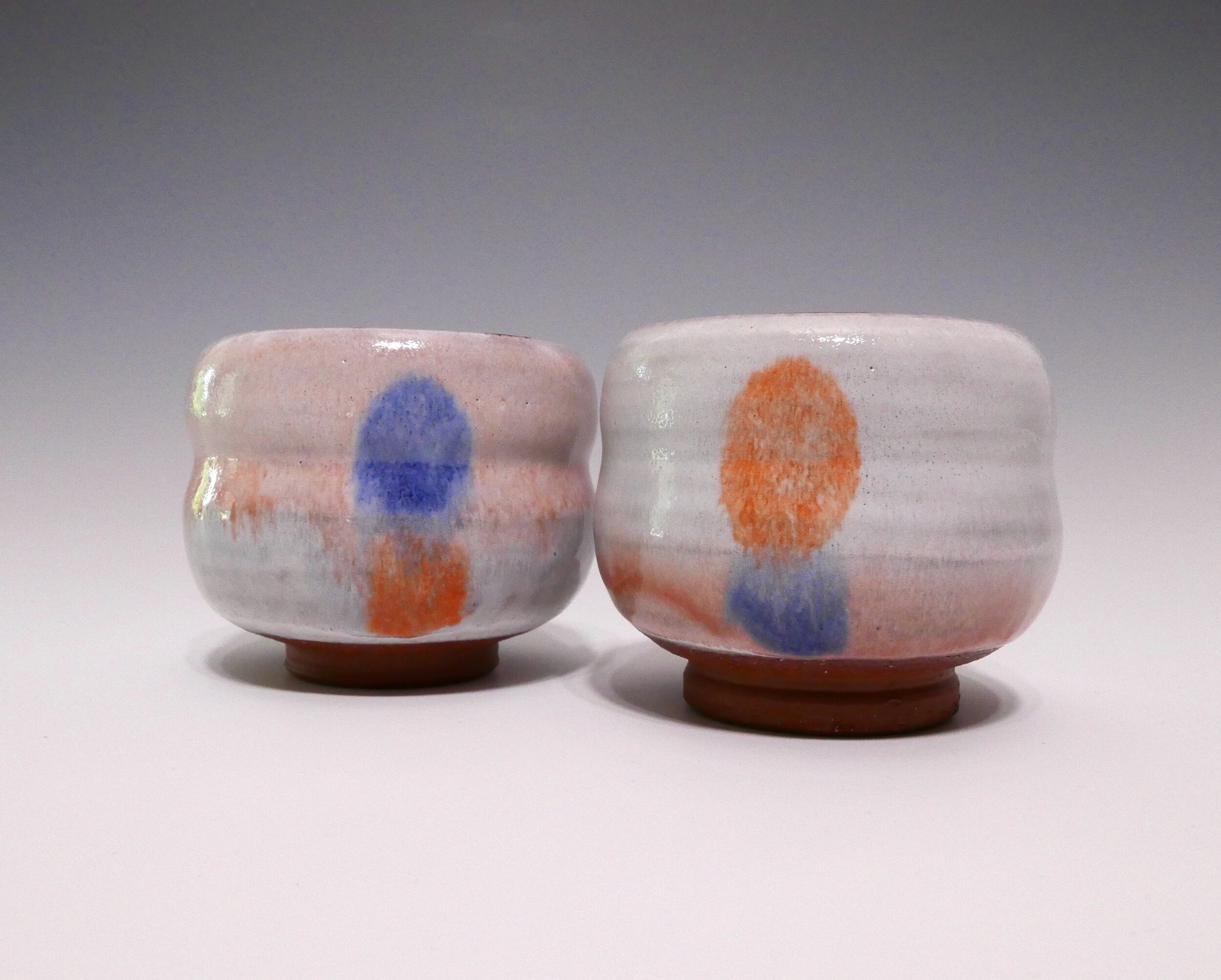 Sun and Moon Majolica Meoto Chawan Set, glazed terra cotta, approximately 3.25 × 3.5 × 3.5 inches each
