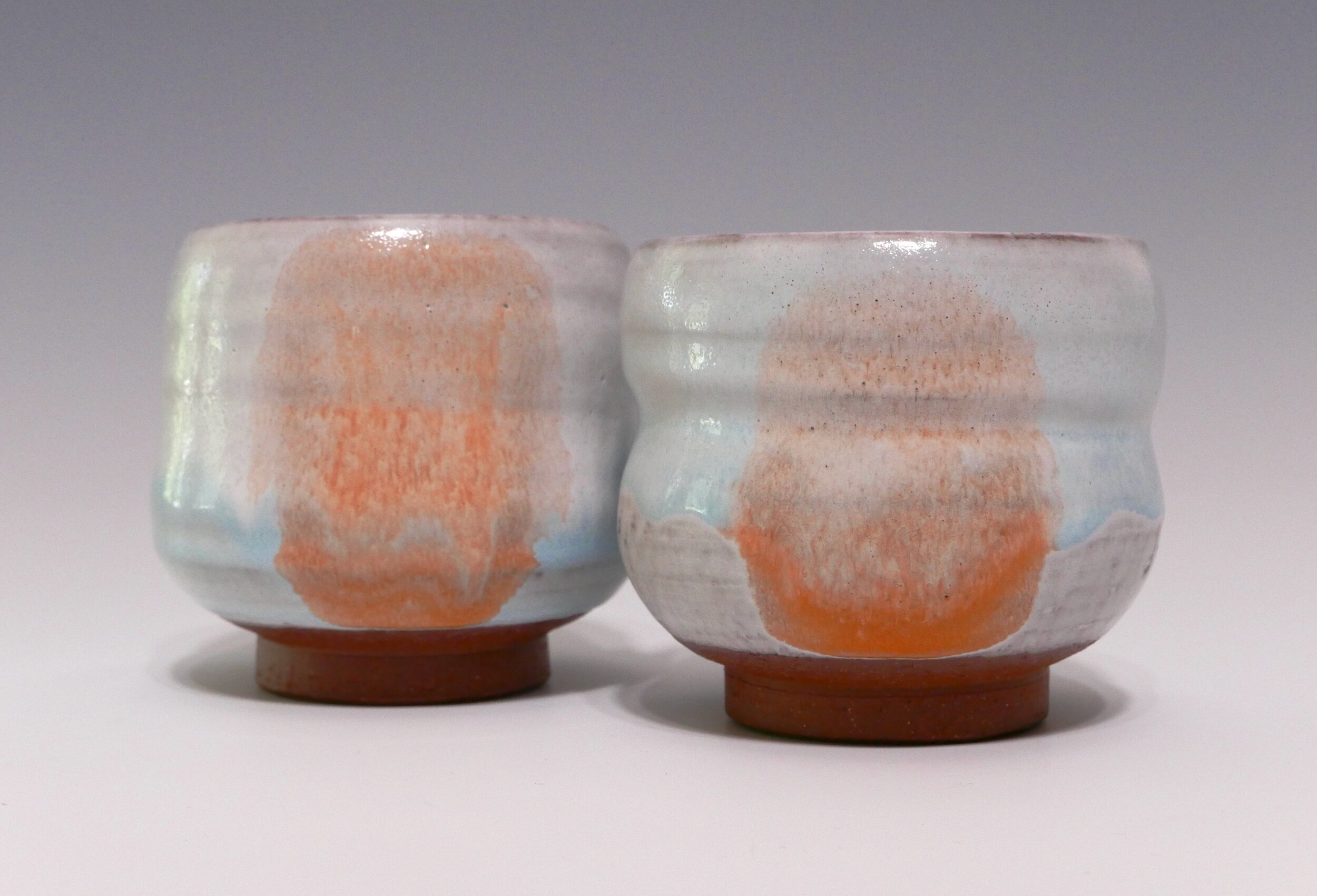 Sunrise Majolica Meoto Yunomi Set, glazed terra cotta, approximately 3.5 × 3.25 × 3.25 inches each