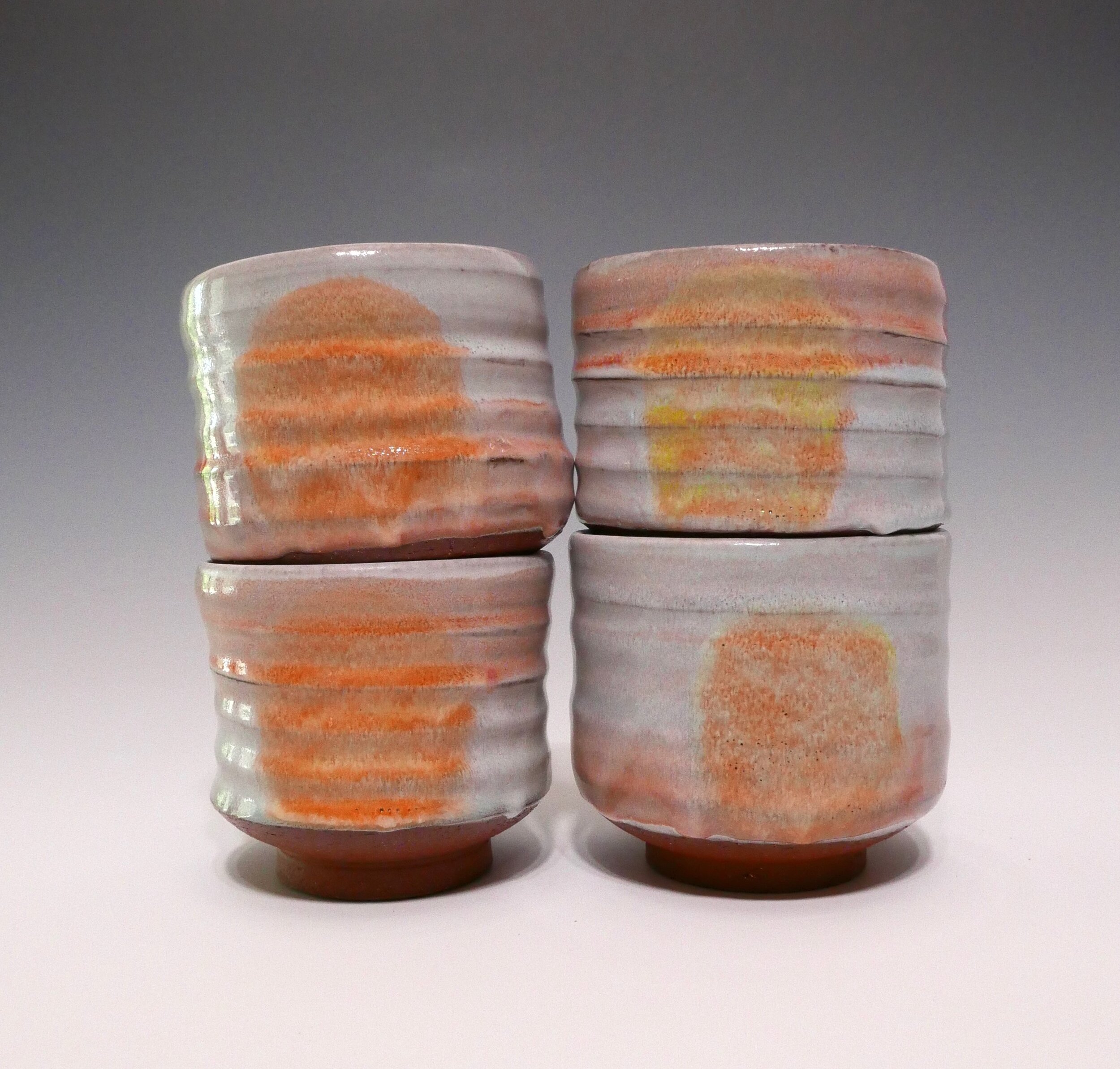 Sunrise Majolica Yunomi Set, glazed terra cotta, approximately 3.5 × 3.5 × 3.5 inches each