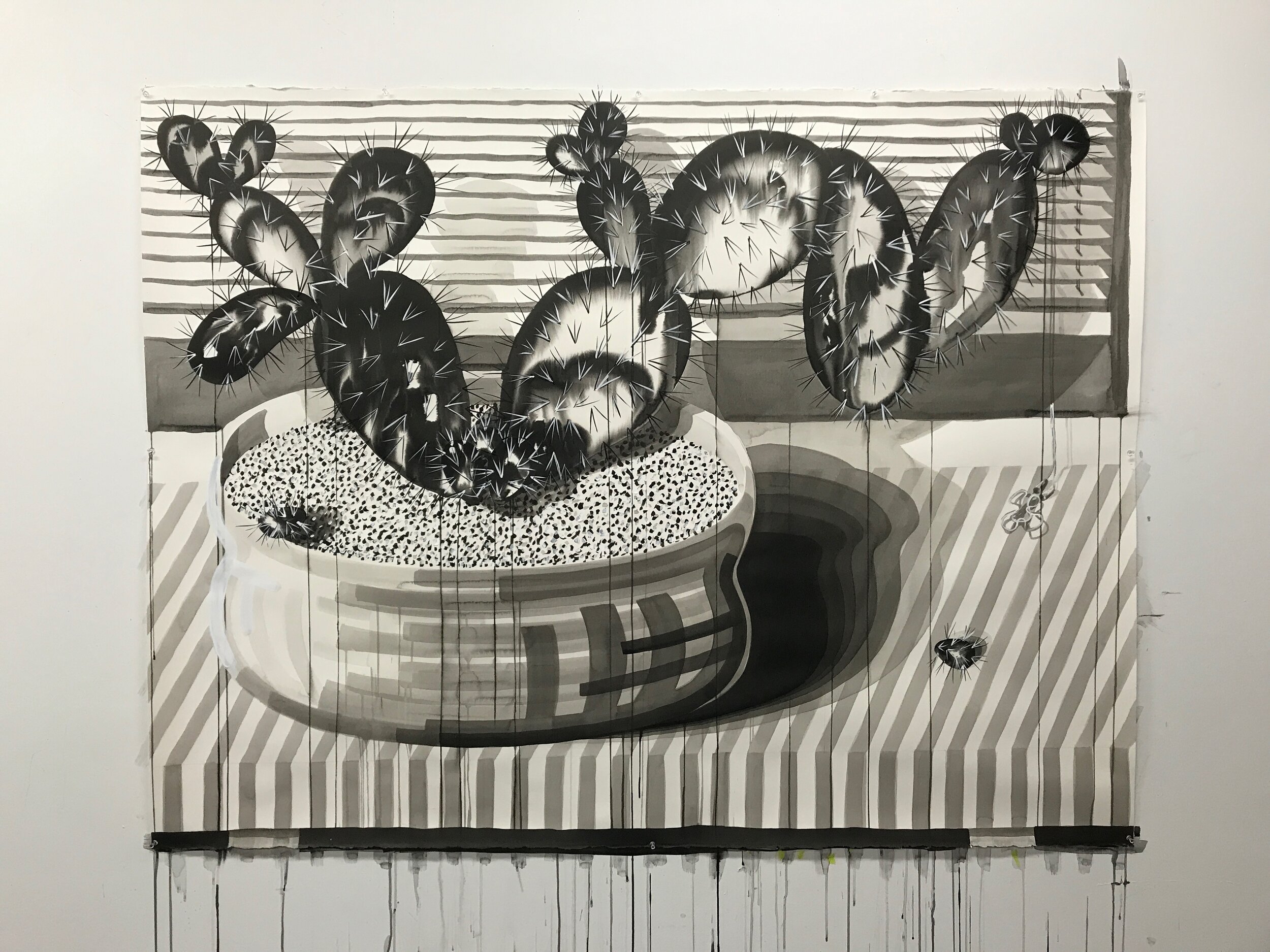 Untitled (memory of a cactus rehearsing an act), 2018, ink, flashe, and collage on paper, 51 × 68 inches
