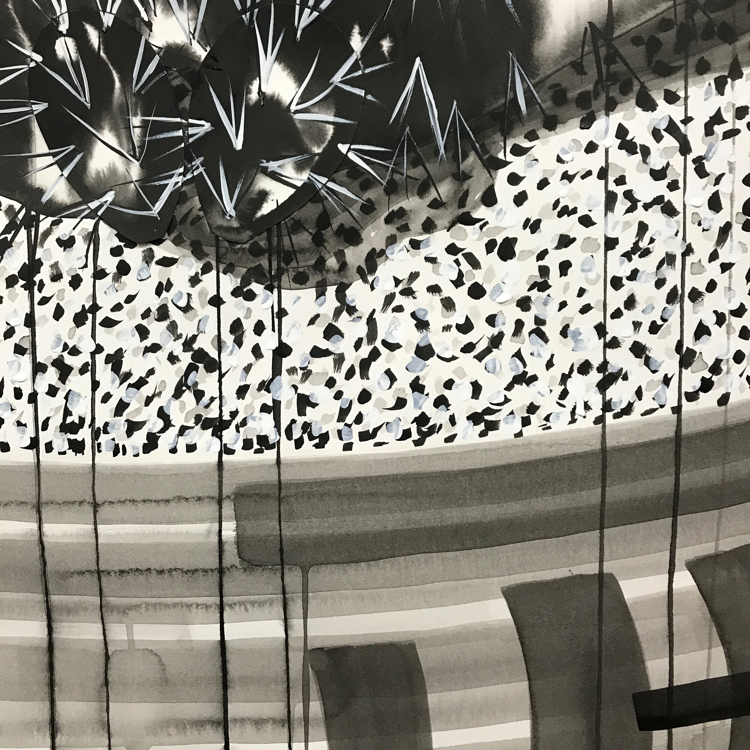 Untitled (a sacred stone failing at teaching two old pricks to stop hurting people), 2018, ink and flashe on paper, 44 × 30 inches
