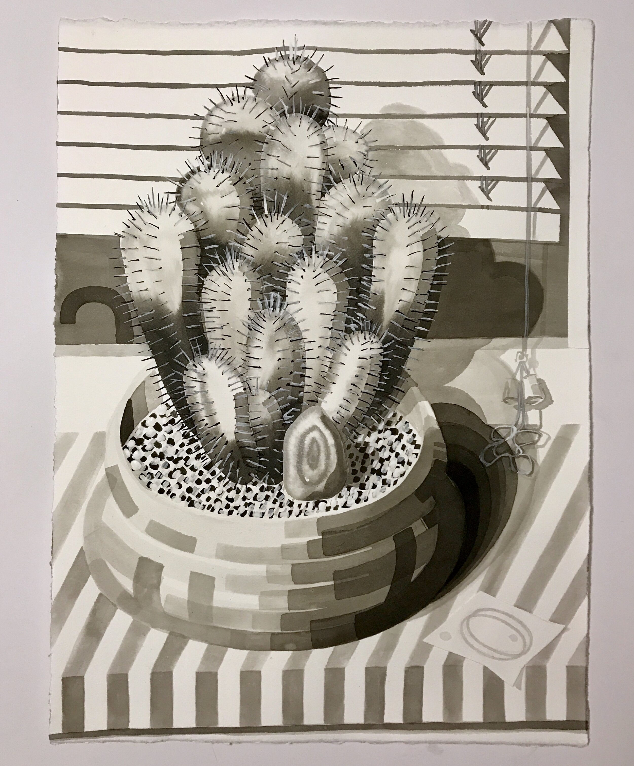 Untitled (memory of a cactus and a sacred stone on the verge), 2018, ink, gesso, and collage on paper, 22 × 16.5 inches