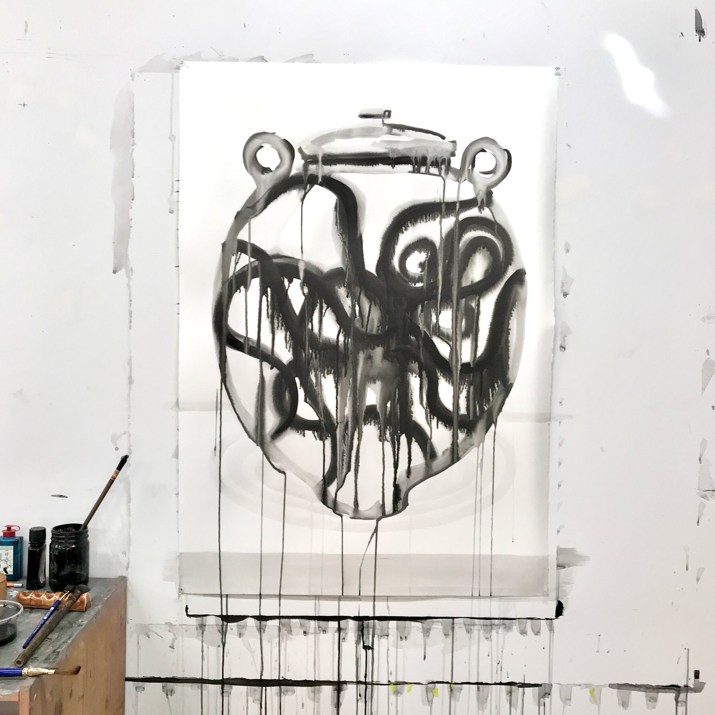 Untitled (octopus jar 2), 2020, ink on paper, 42 × 30 inches