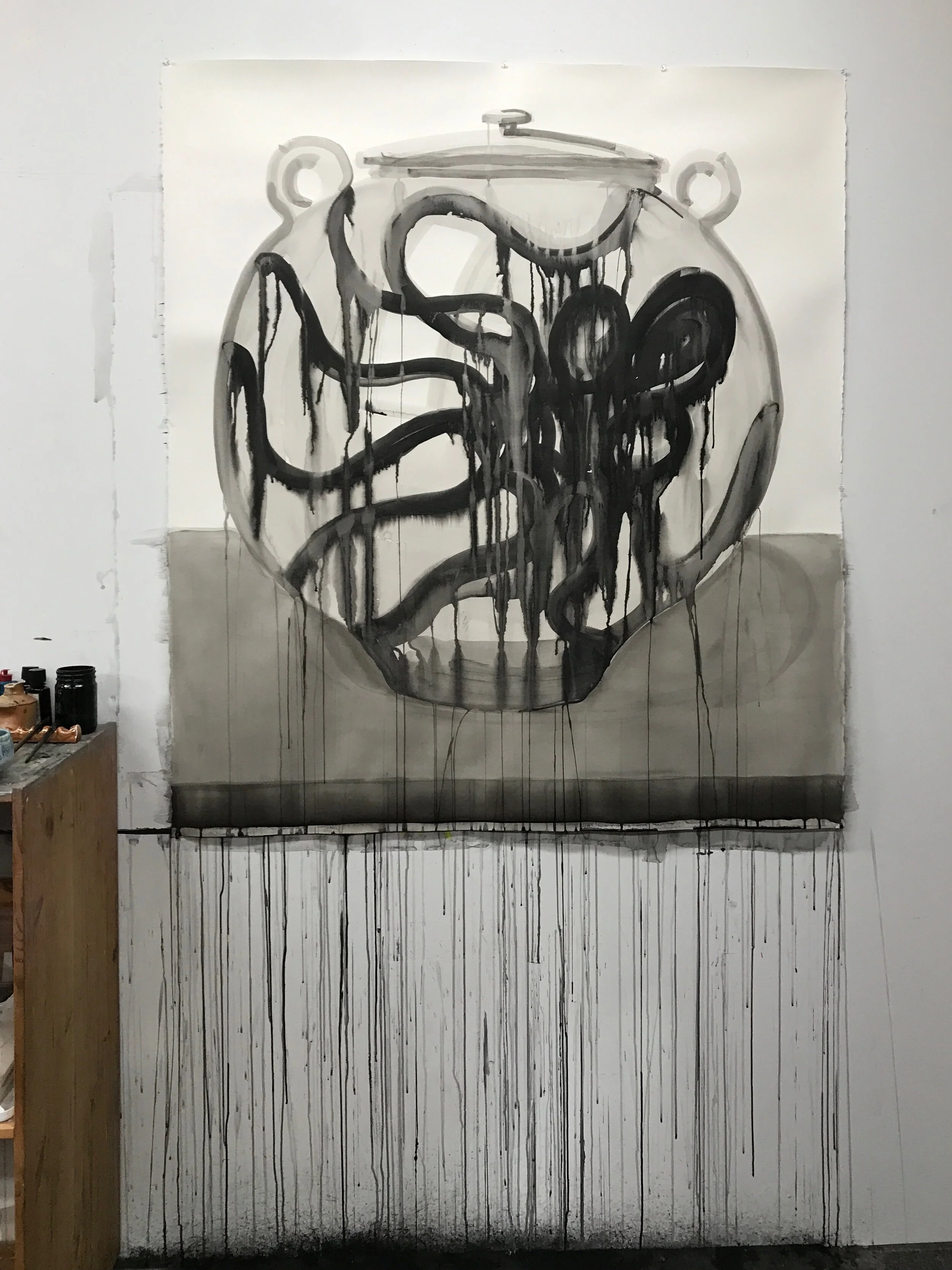 Untitled (octopus jar 3), 2020, ink on paper, 58 × 52 inches